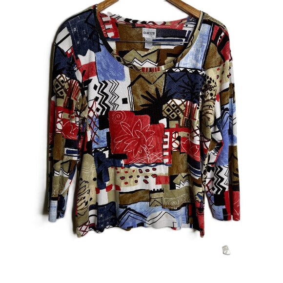 Chico’s Size 3 XL Abstract Geometric Print Long Sleeve Cotton Top - Picture 1 of 11
